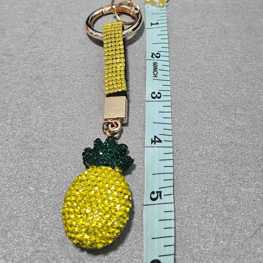 Rhinestone Pineapple Keychain Bag Charm Gold Tone Metal Crystal Tropical Bling
